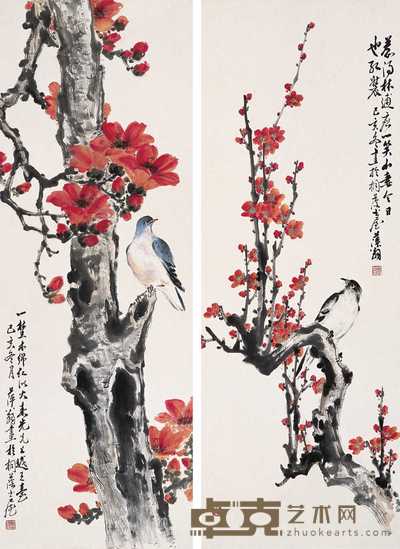 黄鼎萍 己亥（1959）年作 花鸟（二件） 立轴 82×30cm×2